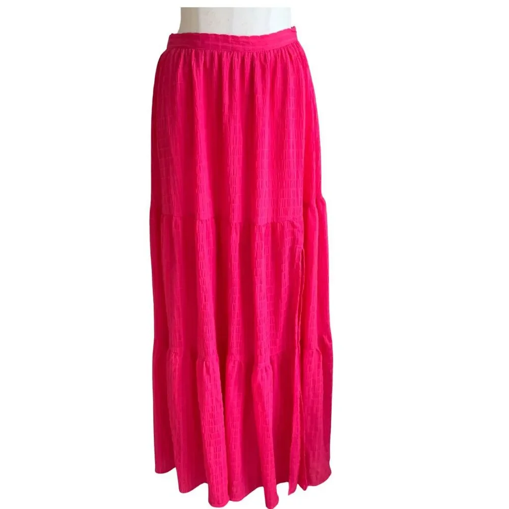 Pink Lily Hot Pink Maxi Tiered Skirt Side Slit Zip Waist Size S - Picture 2 of 9